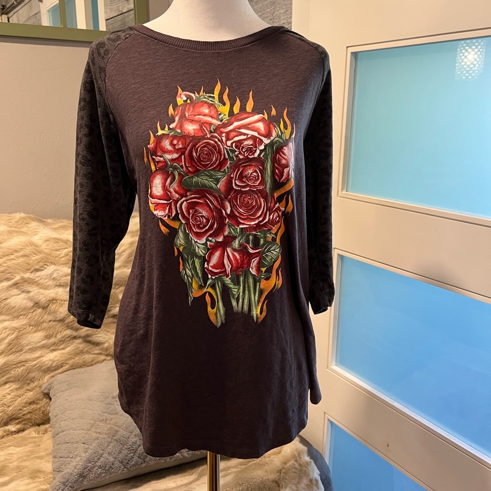 Baseball Tee - Super Soft Slub Roses & Leopard Grey-Torrid Size 1